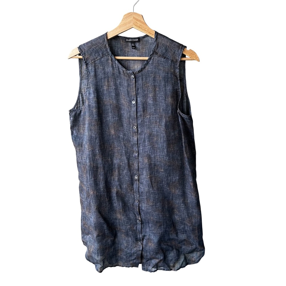 Eileen Fisher Blouse Top Tunic Ramie Sleeveless Button Front Gray Size Medium